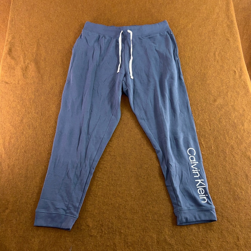 Calvin Klein Mens XL Blue Logo Drawstring Jersey Sleepwear Jogger Pants New